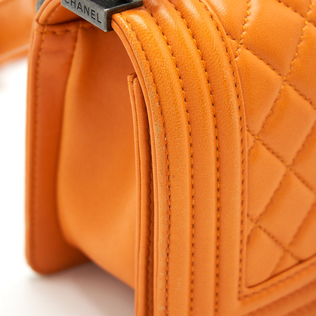 CHANEL SMALL BOY BAG LAMBSKIN ORANGE RUTHENIUM HARDWARE