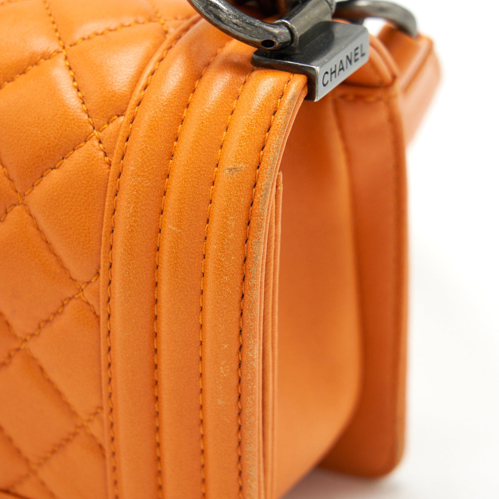 CHANEL SMALL BOY BAG LAMBSKIN ORANGE RUTHENIUM HARDWARE