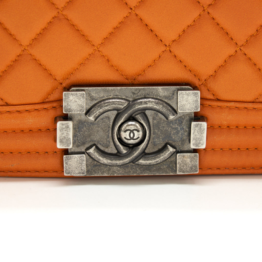 CHANEL SMALL BOY BAG LAMBSKIN ORANGE RUTHENIUM HARDWARE