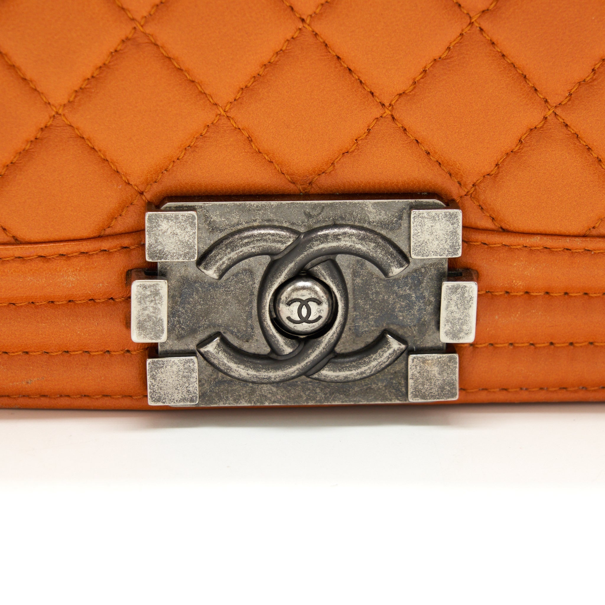 CHANEL SMALL BOY BAG LAMBSKIN ORANGE RUTHENIUM HARDWARE