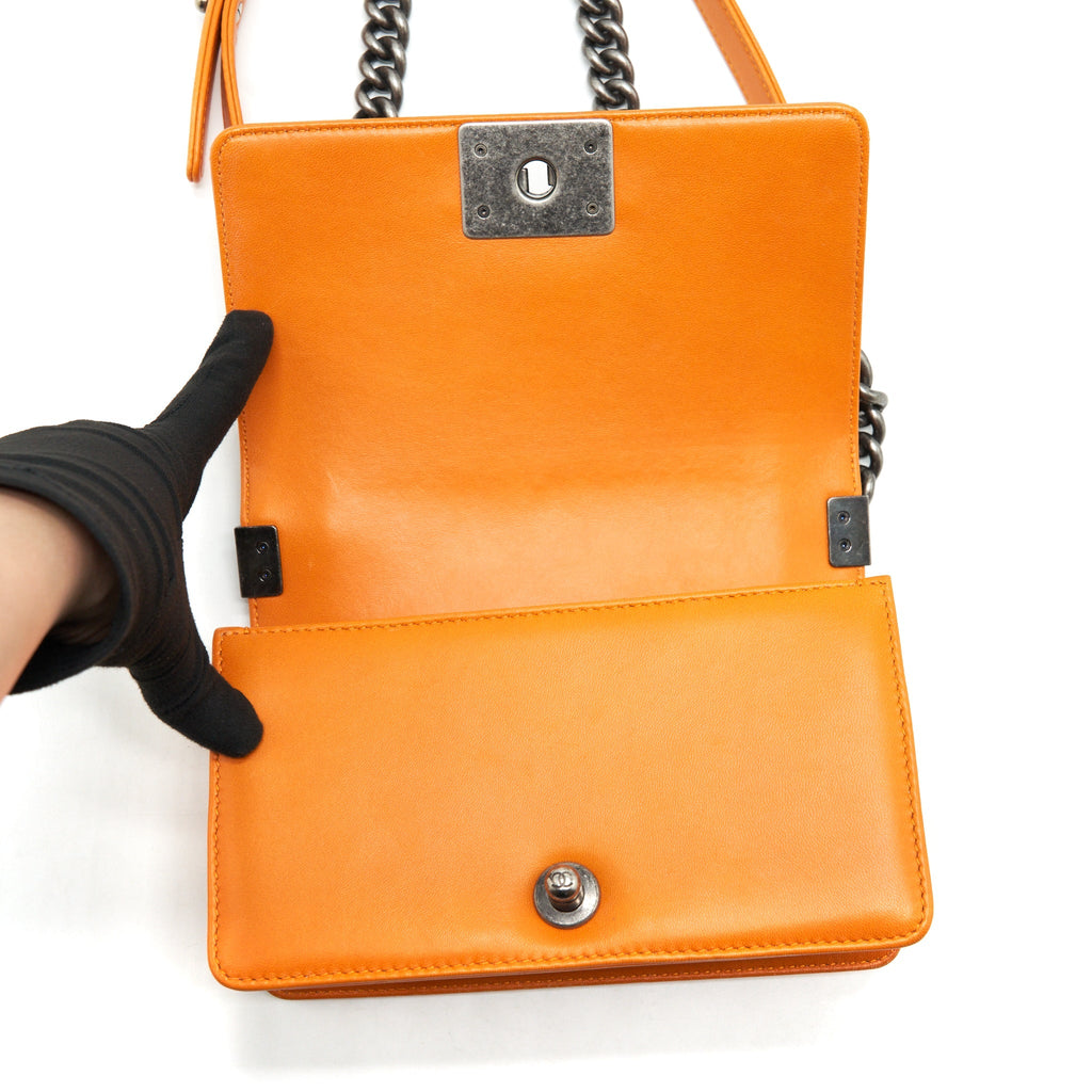 CHANEL SMALL BOY BAG LAMBSKIN ORANGE RUTHENIUM HARDWARE