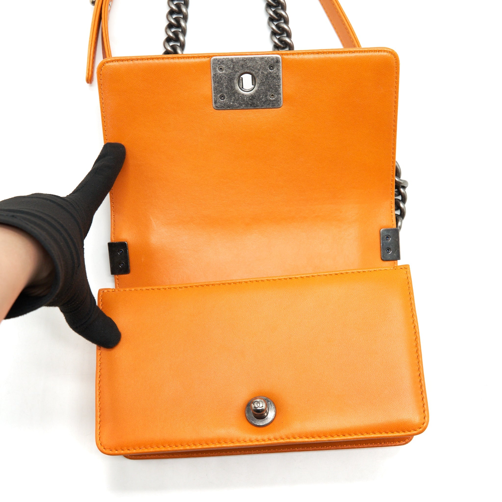 CHANEL SMALL BOY BAG LAMBSKIN ORANGE RUTHENIUM HARDWARE