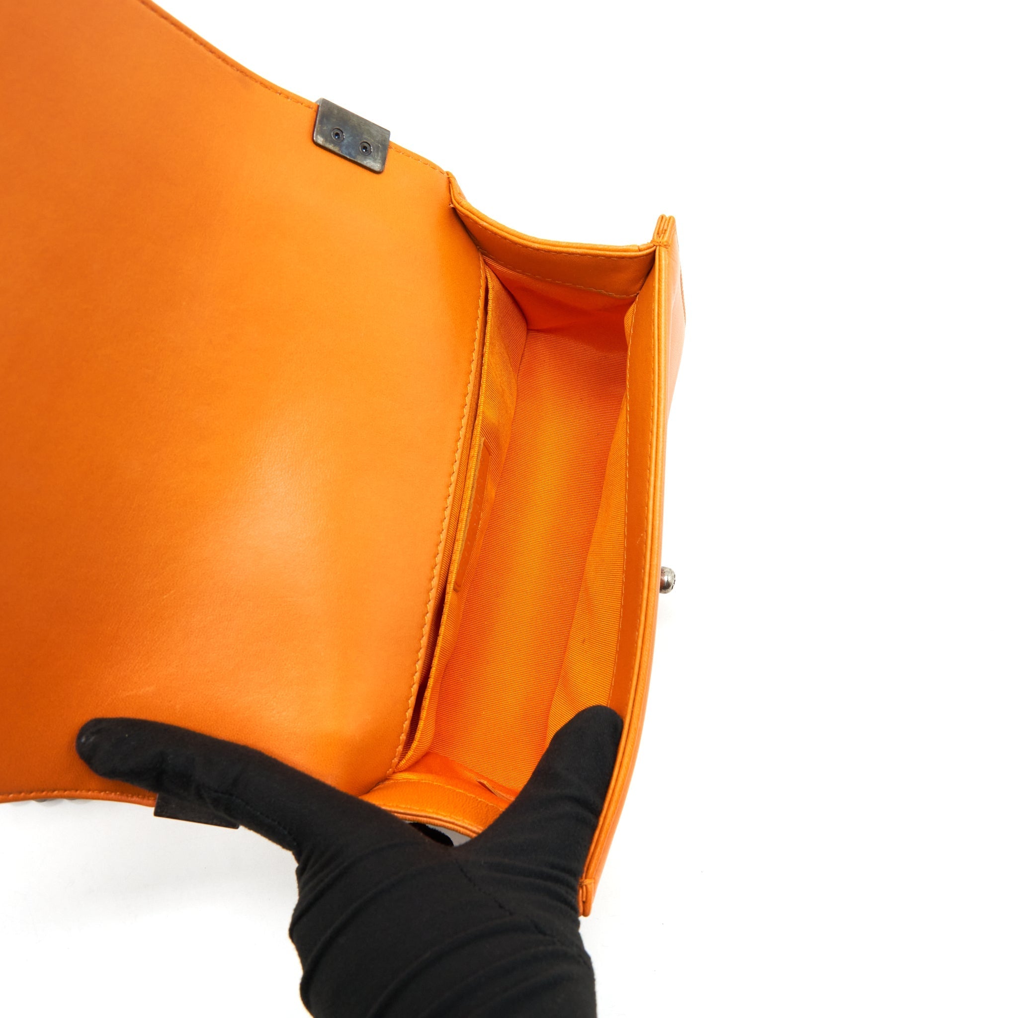 CHANEL SMALL BOY BAG LAMBSKIN ORANGE RUTHENIUM HARDWARE