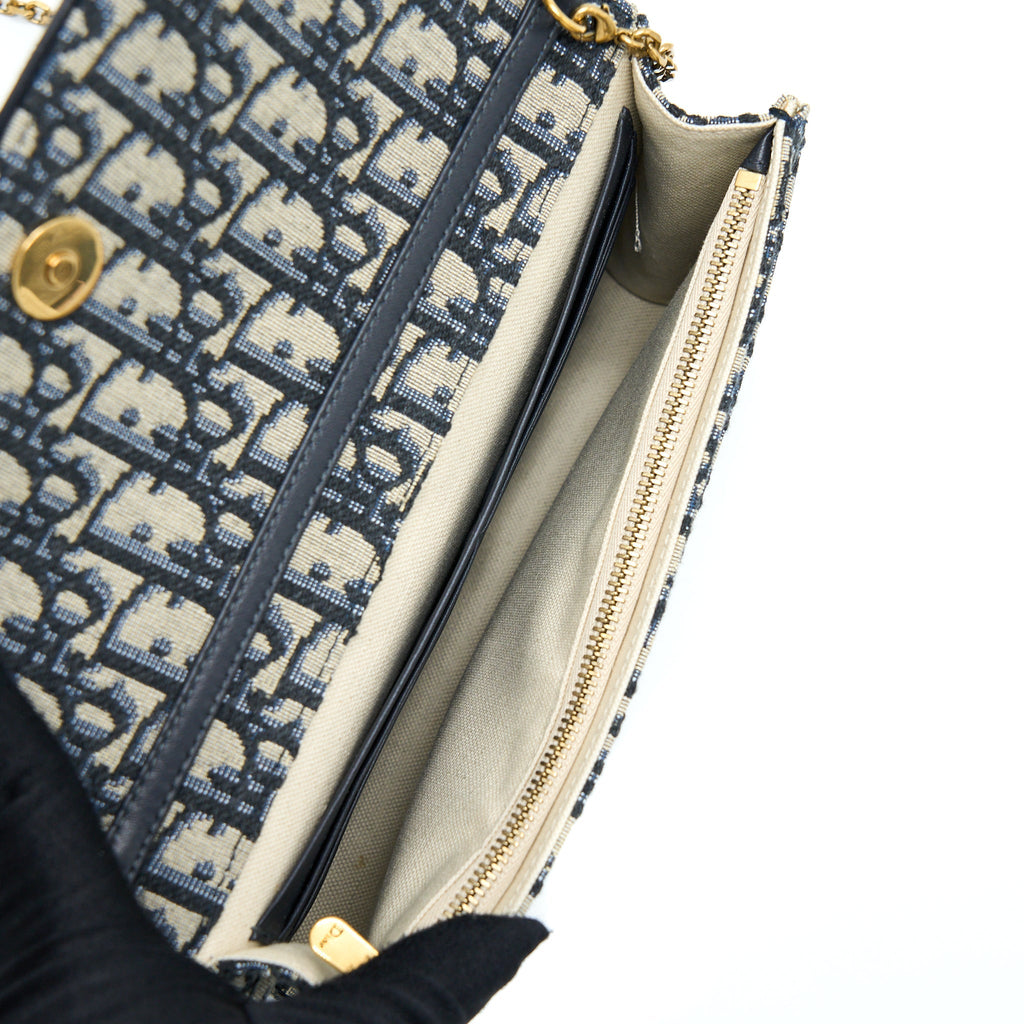DIOR SADDLE POUCH WITH CHAIN BLUE DIOR OBLIQUE JACQUARD GHW