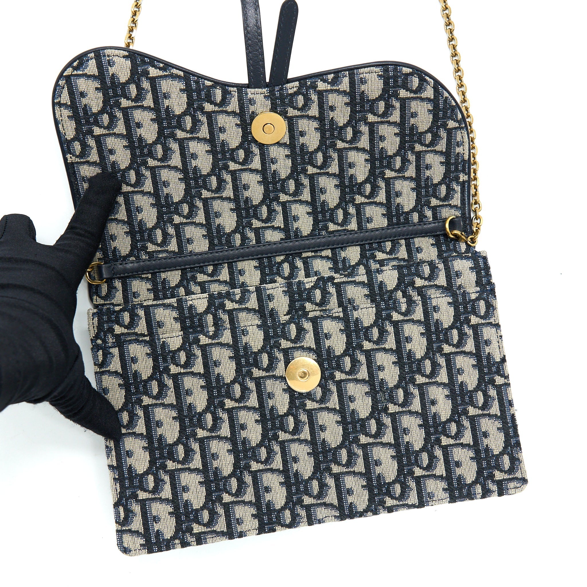 DIOR SADDLE POUCH WITH CHAIN BLUE DIOR OBLIQUE JACQUARD GHW