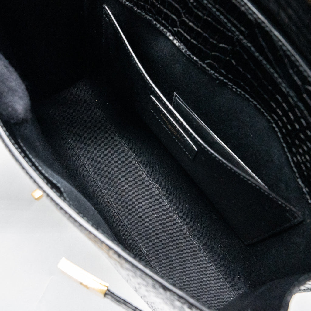 SAINT LAURENT MANHATTAN SHOULDER BAG CROC-EMBOSSED CALFSKIN BLACK GHW