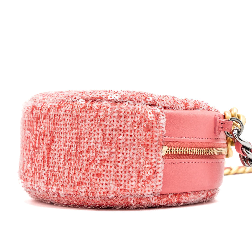 CHANEL 19 ROUND PURSE WITH CHAIN SEQUINS PINK MULTICOLOUR HARDWARE