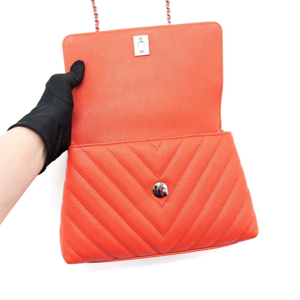 CHANEL COCO HANDLE SMALL 24CM CHEVRON CORAL RED RUTHENIUM HARDWARE