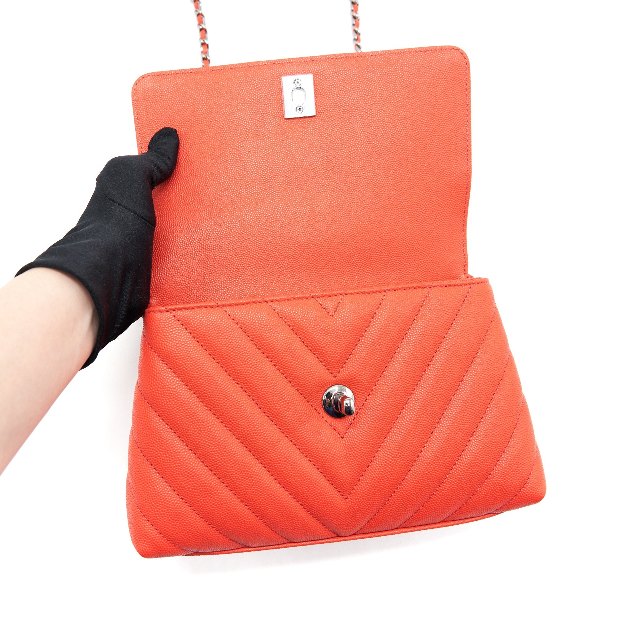 CHANEL COCO HANDLE SMALL 24CM CHEVRON CORAL RED RUTHENIUM HARDWARE