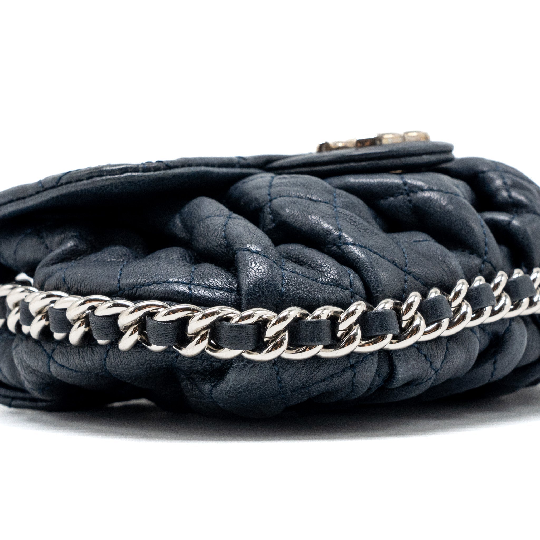 CHANEL MINI ROUND FLAP BAG WITH CHAIN AGED CALFSKIN NAVY SHW