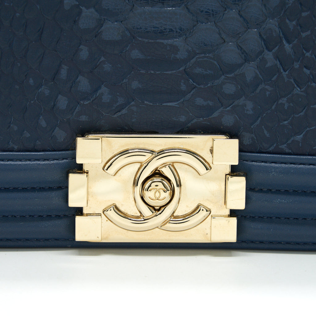 CHANEL MEDIUM BOY FLAP BAG PYTHON LEATHER BLUE LGHW