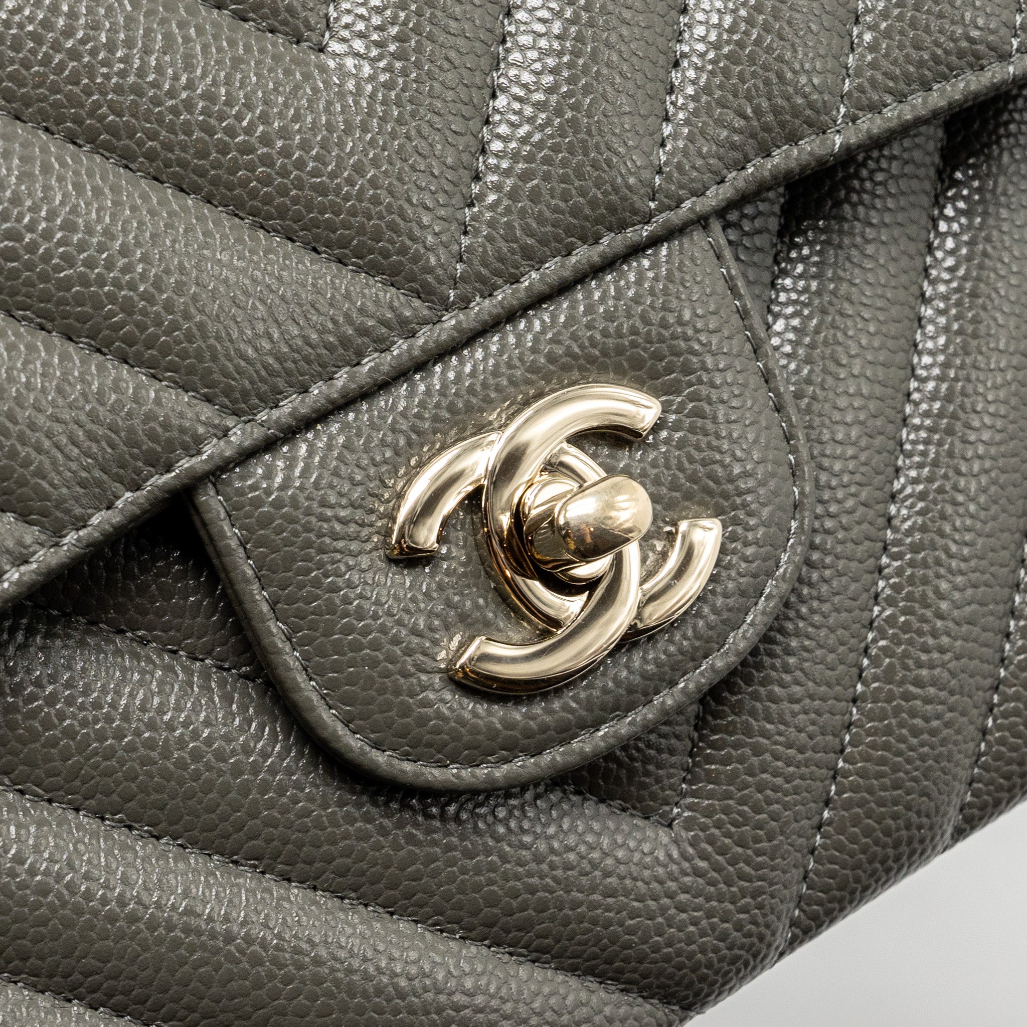 CHANEL SMALL CLASSIC DOUBLE FLAP BAG CHEVRON CAVIAR DARK GREY LGHW