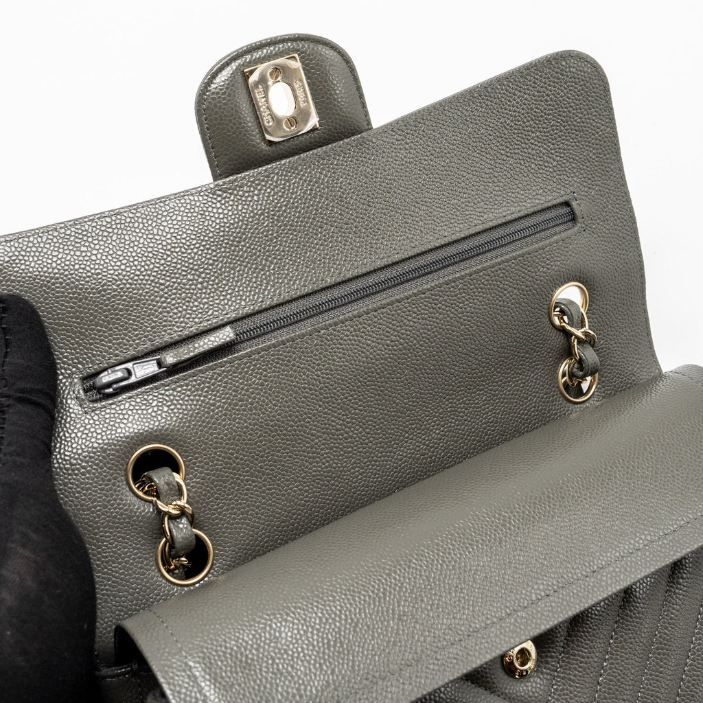CHANEL SMALL CLASSIC DOUBLE FLAP BAG CHEVRON CAVIAR DARK GREY LGHW
