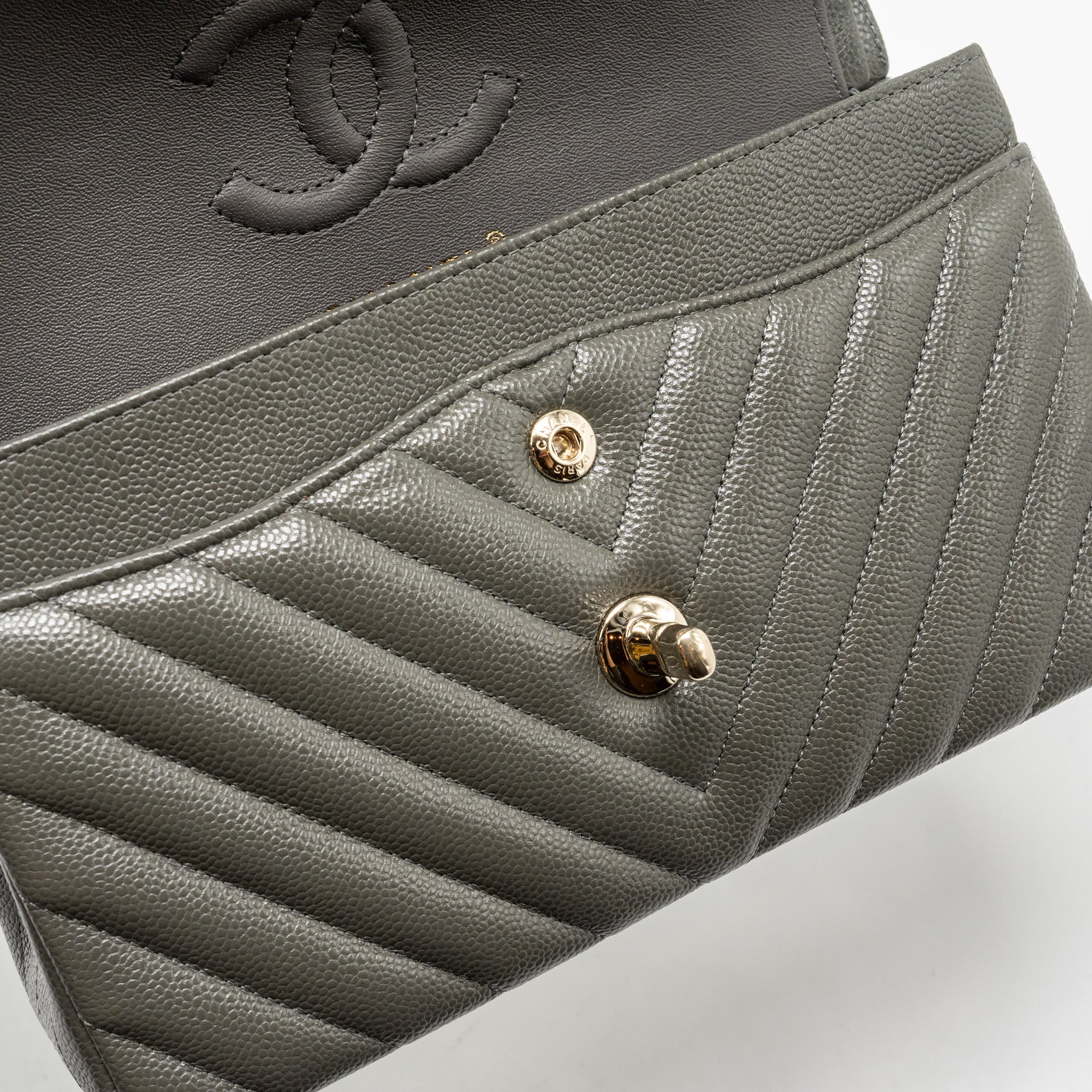 CHANEL SMALL CLASSIC DOUBLE FLAP BAG CHEVRON CAVIAR DARK GREY LGHW