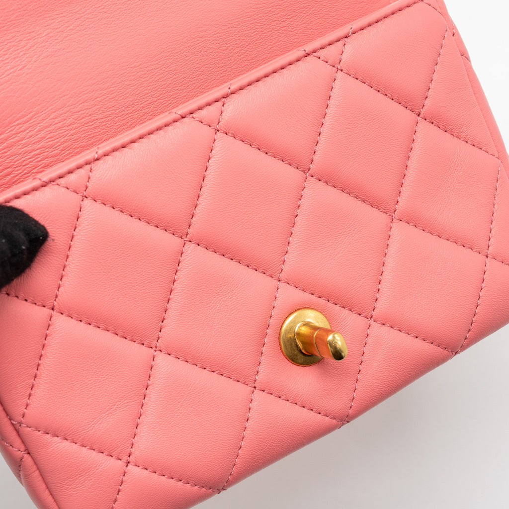 CHANEL 22P MINI SQUARE FLAP BAG LAMBSKIN PINK ENAMEL/GOLD HARDWARE(MICROCHIP)