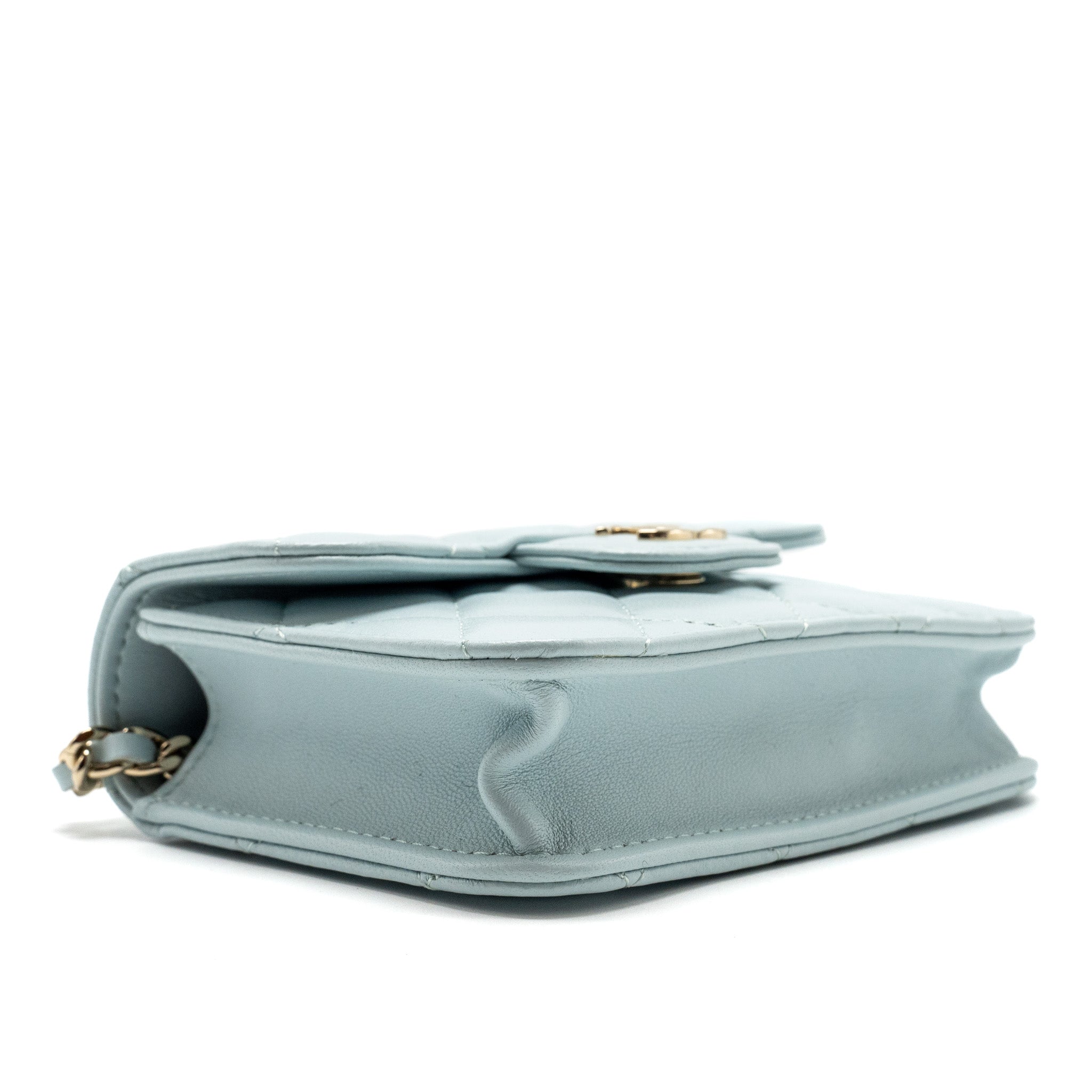 CHANEL TOP HANDLE MINI FLAP CLUTCH WITH CHAIN LAMBSKIN LIGHT BLUE LGHW