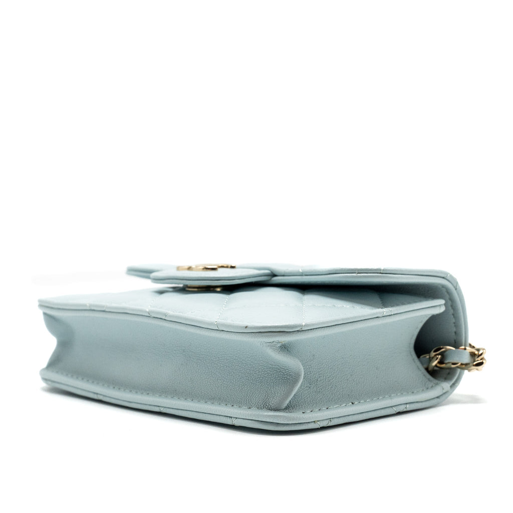CHANEL TOP HANDLE MINI FLAP CLUTCH WITH CHAIN LAMBSKIN LIGHT BLUE LGHW