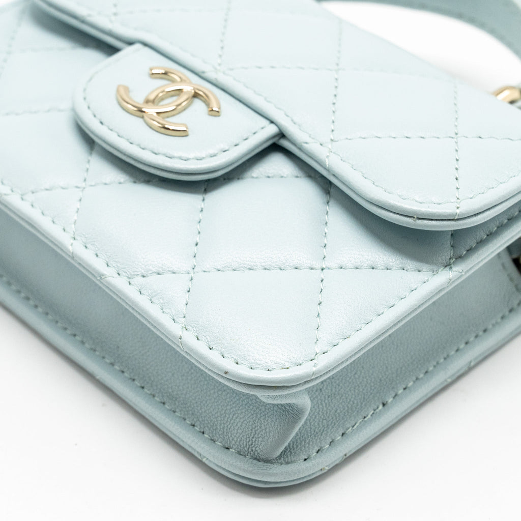 CHANEL TOP HANDLE MINI FLAP CLUTCH WITH CHAIN LAMBSKIN LIGHT BLUE LGHW