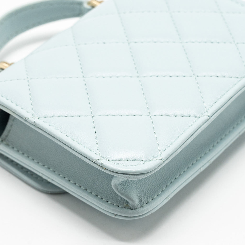 CHANEL TOP HANDLE MINI FLAP CLUTCH WITH CHAIN LAMBSKIN LIGHT BLUE LGHW