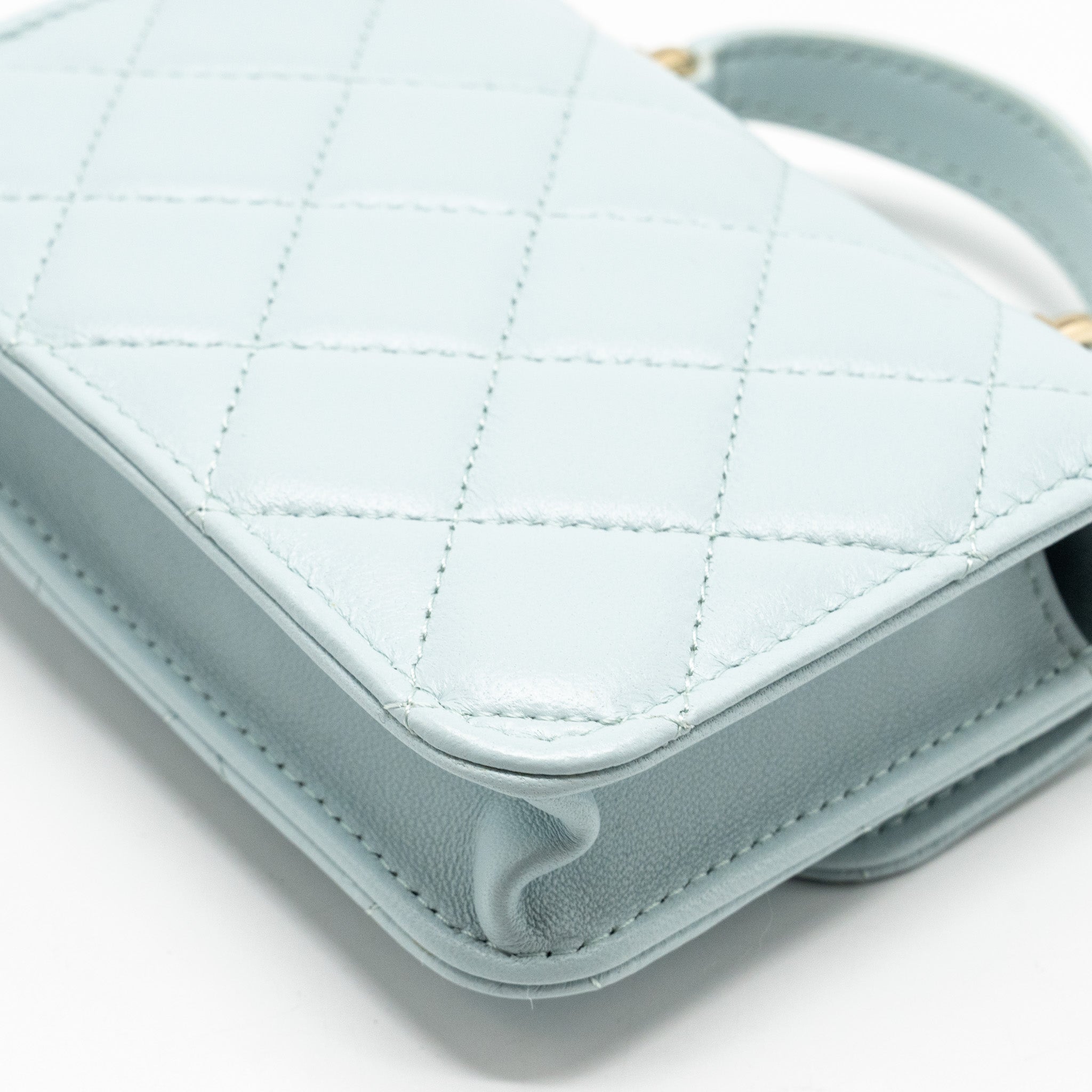 CHANEL TOP HANDLE MINI FLAP CLUTCH WITH CHAIN LAMBSKIN LIGHT BLUE LGHW