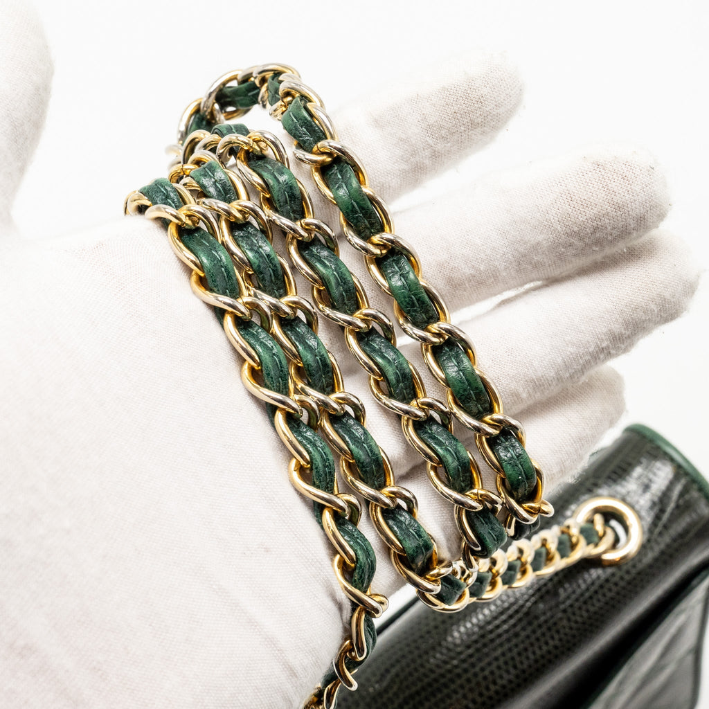 CHANEL VINTAGE ENVELOP FLAP BAG WITH CHAIN LIZARD DARK GREEN GHW