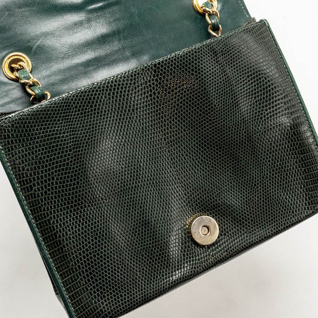 CHANEL VINTAGE ENVELOP FLAP BAG WITH CHAIN LIZARD DARK GREEN GHW