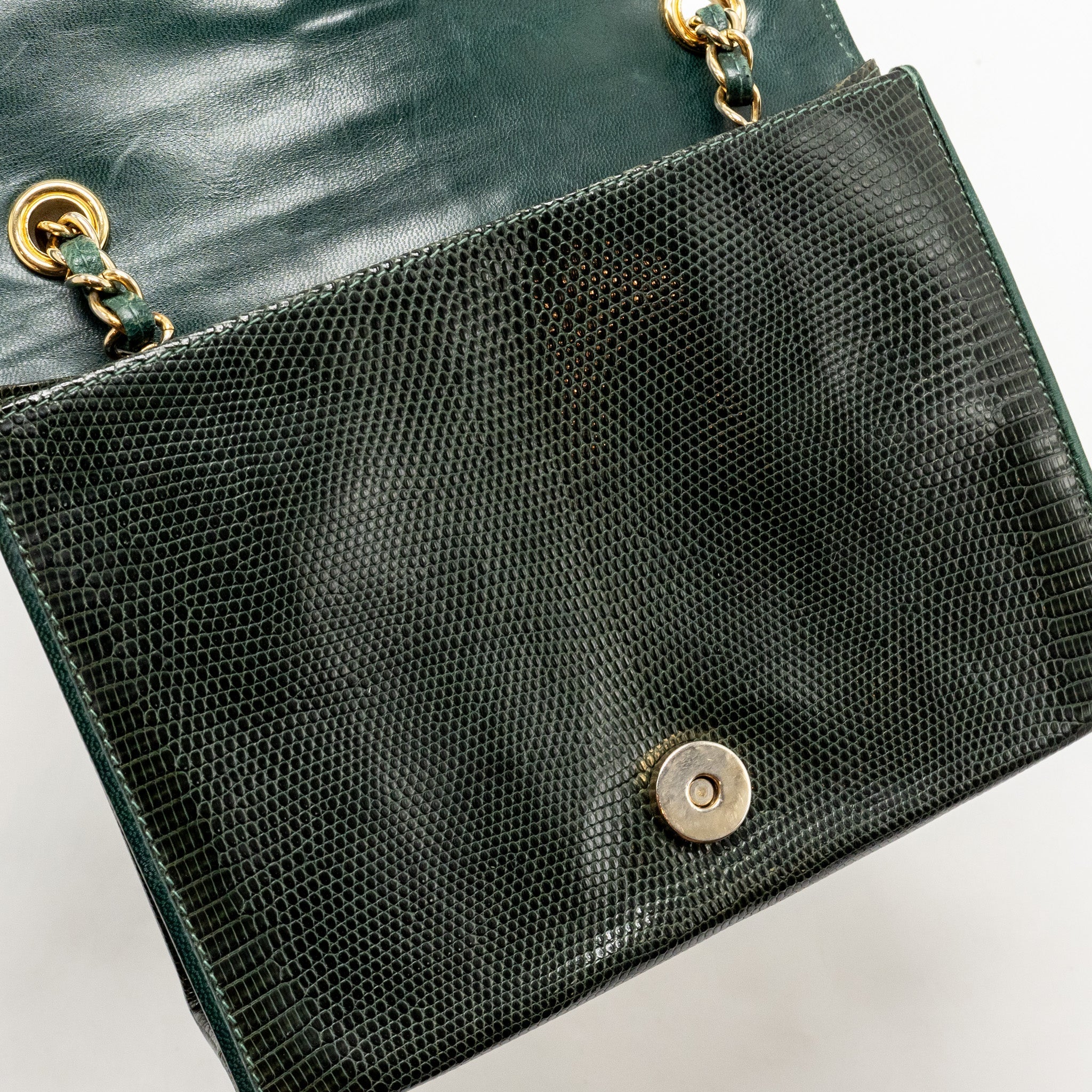 CHANEL VINTAGE ENVELOP FLAP BAG WITH CHAIN LIZARD DARK GREEN GHW