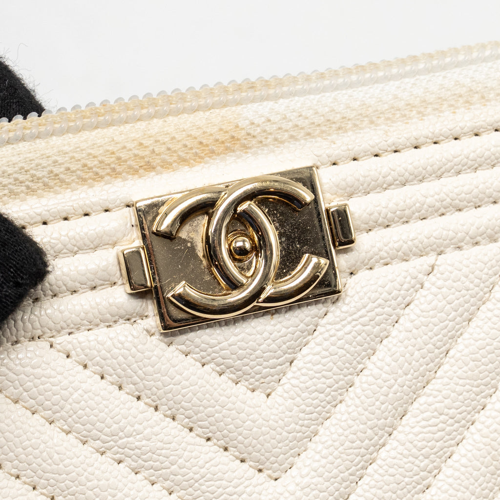 CHANEL CHEVRON BOY ZIP LONG WALLET CAVIAR WHITE LGHW