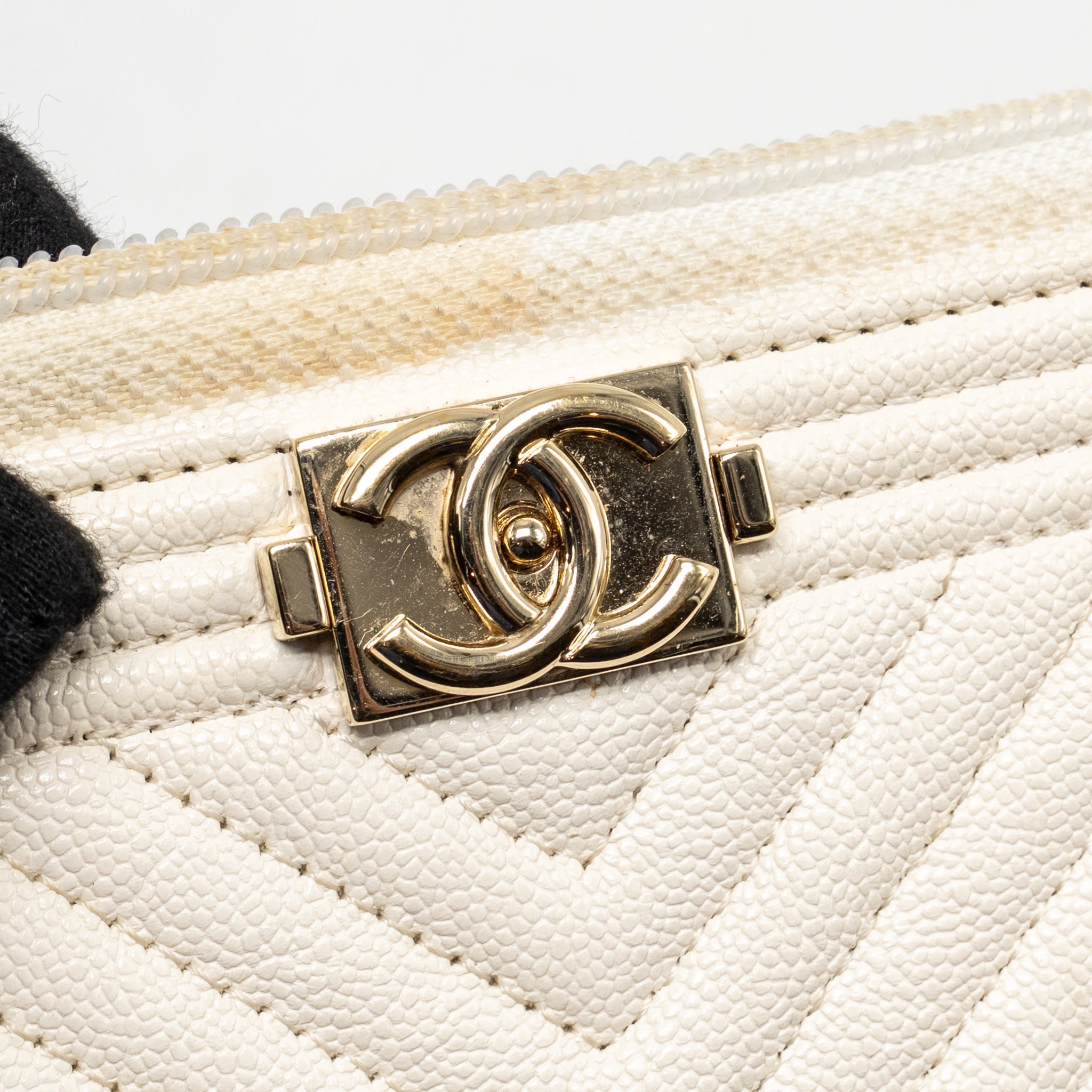 CHANEL CHEVRON BOY ZIP LONG WALLET CAVIAR WHITE LGHW