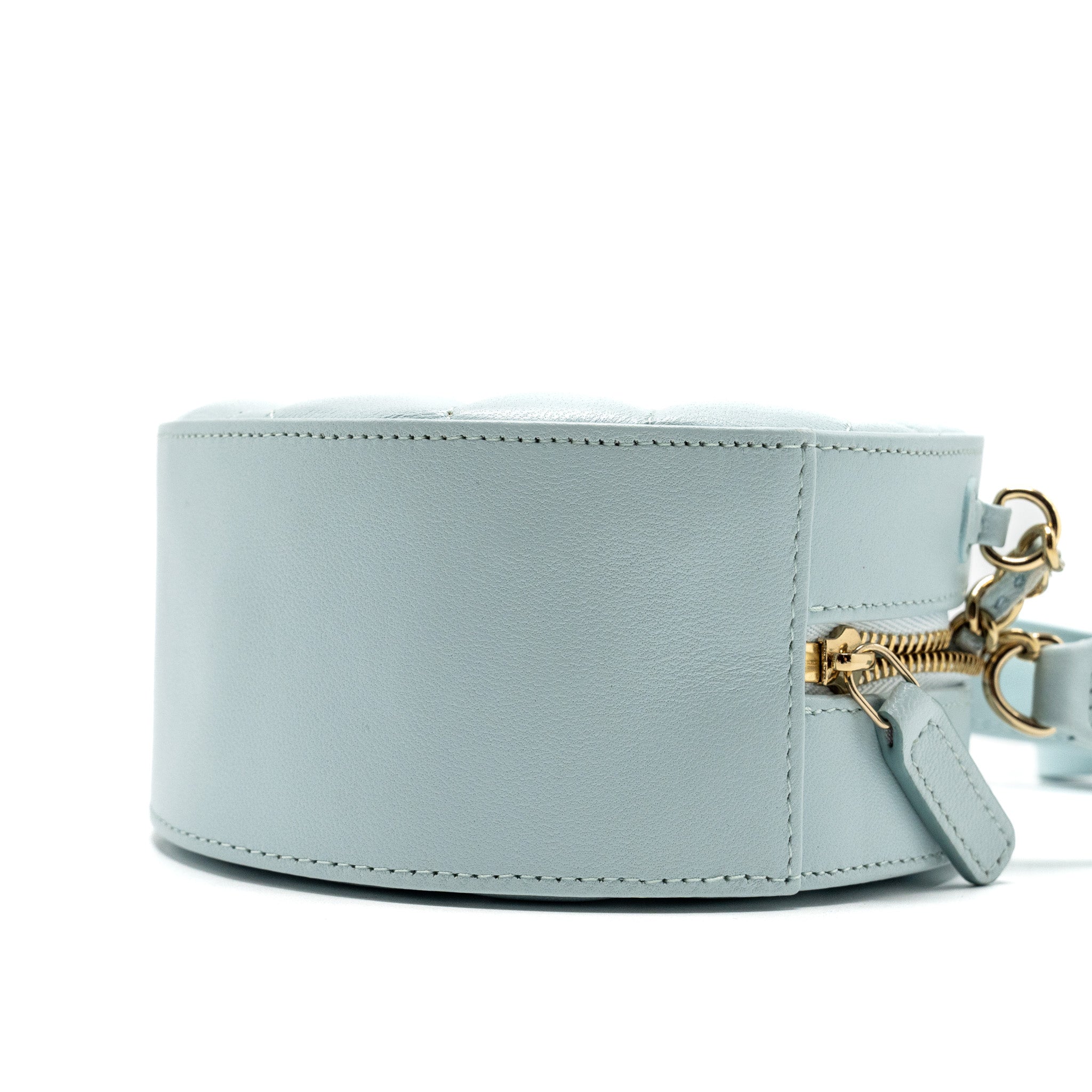 CHANEL MINI ROUND VANITY WITH RIBBON ON CHAIN LAMBSKIN LIGHT BLUE LGHW