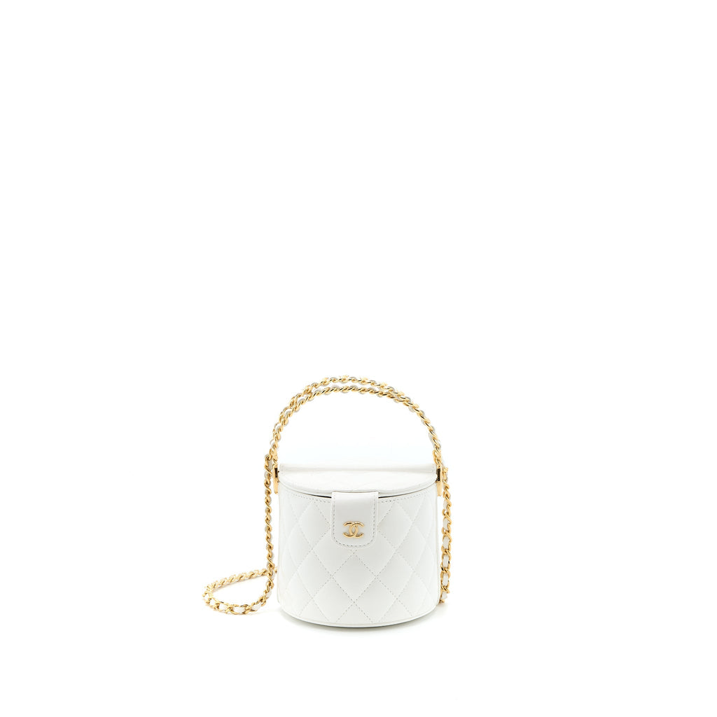 CHANEL TOP HANDLE ROUND VANITY WITH CHAIN LAMBSKIN WHITE GHW (MICROCHIP)