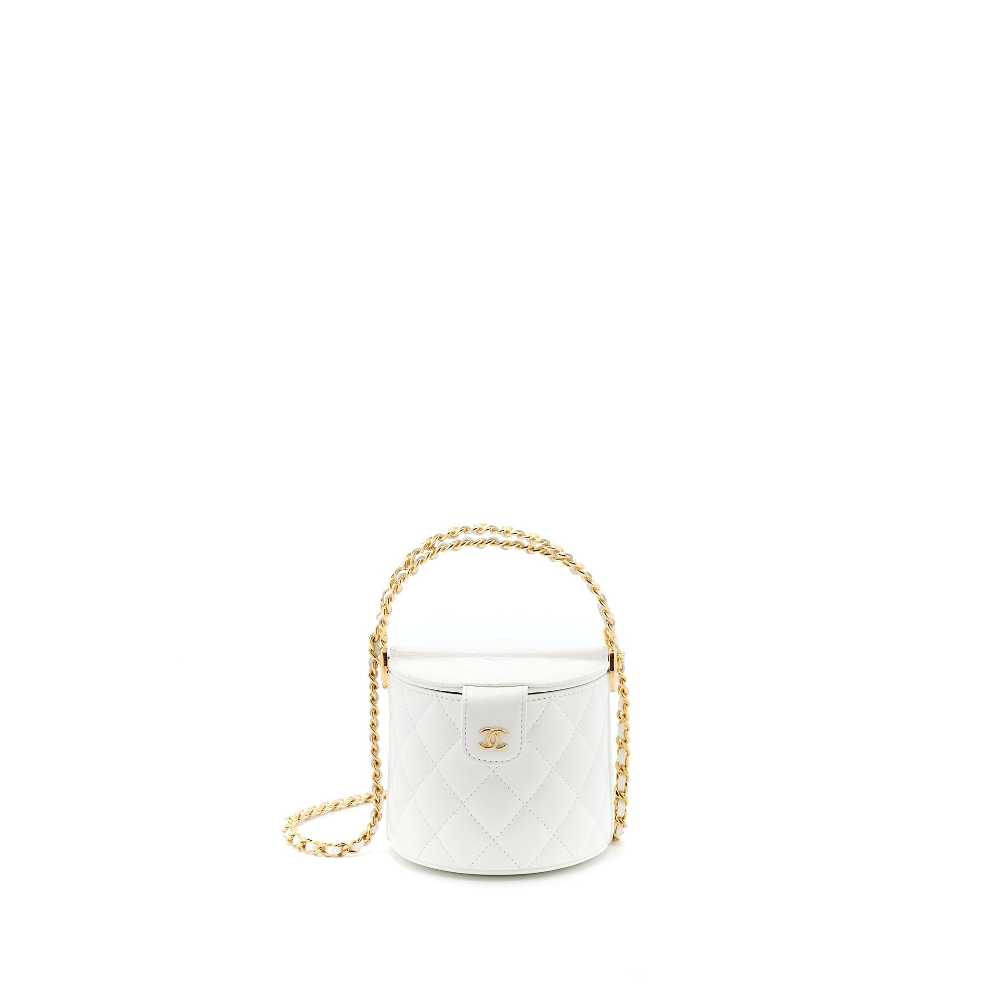 CHANEL TOP HANDLE ROUND VANITY WITH CHAIN LAMBSKIN WHITE GHW (MICROCHIP)