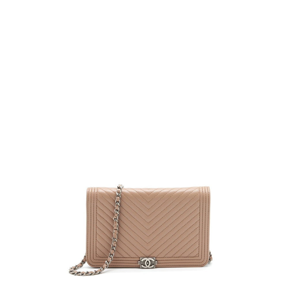 CHANEL CHEVRON BOY WALLET ON CHAIN CAVIAR DARK BEIGE RUTHENIUM HARDWARE