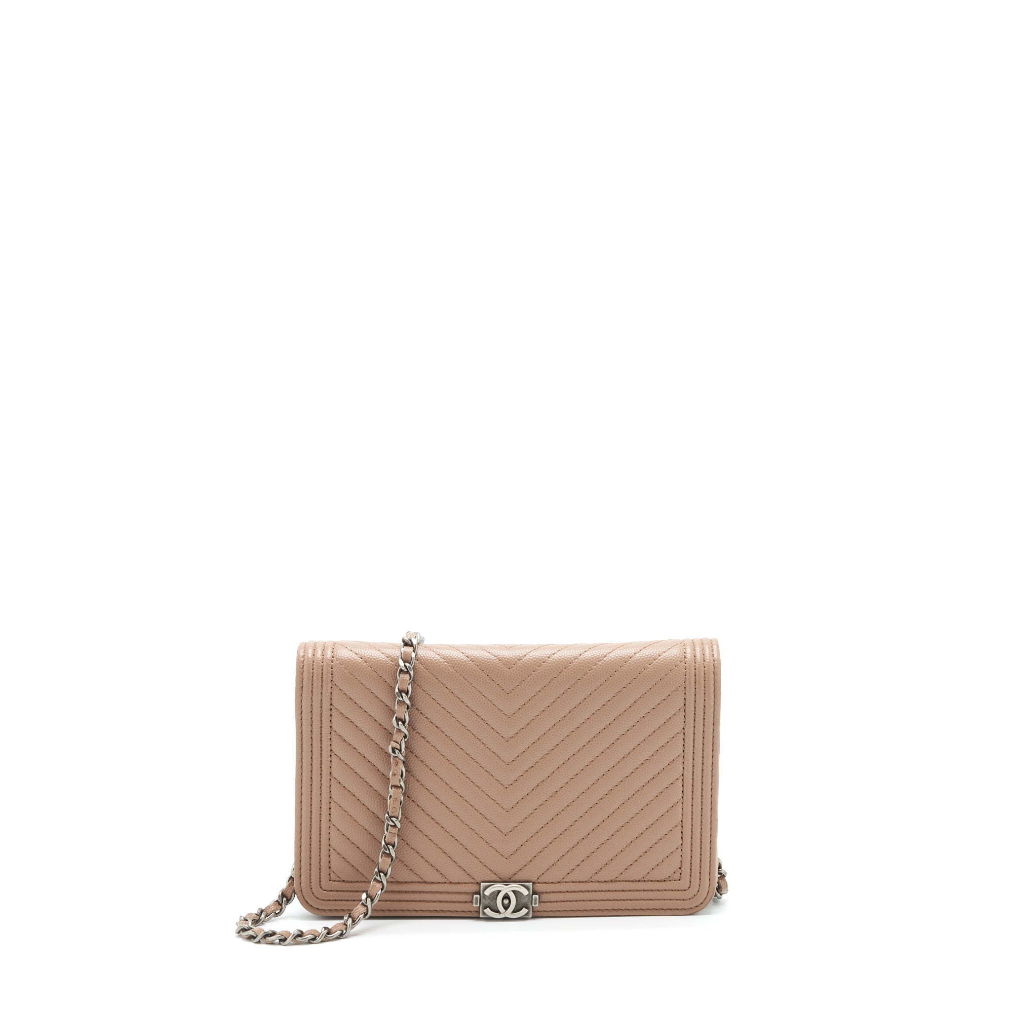 CHANEL CHEVRON BOY WALLET ON CHAIN CAVIAR DARK BEIGE RUTHENIUM HARDWARE