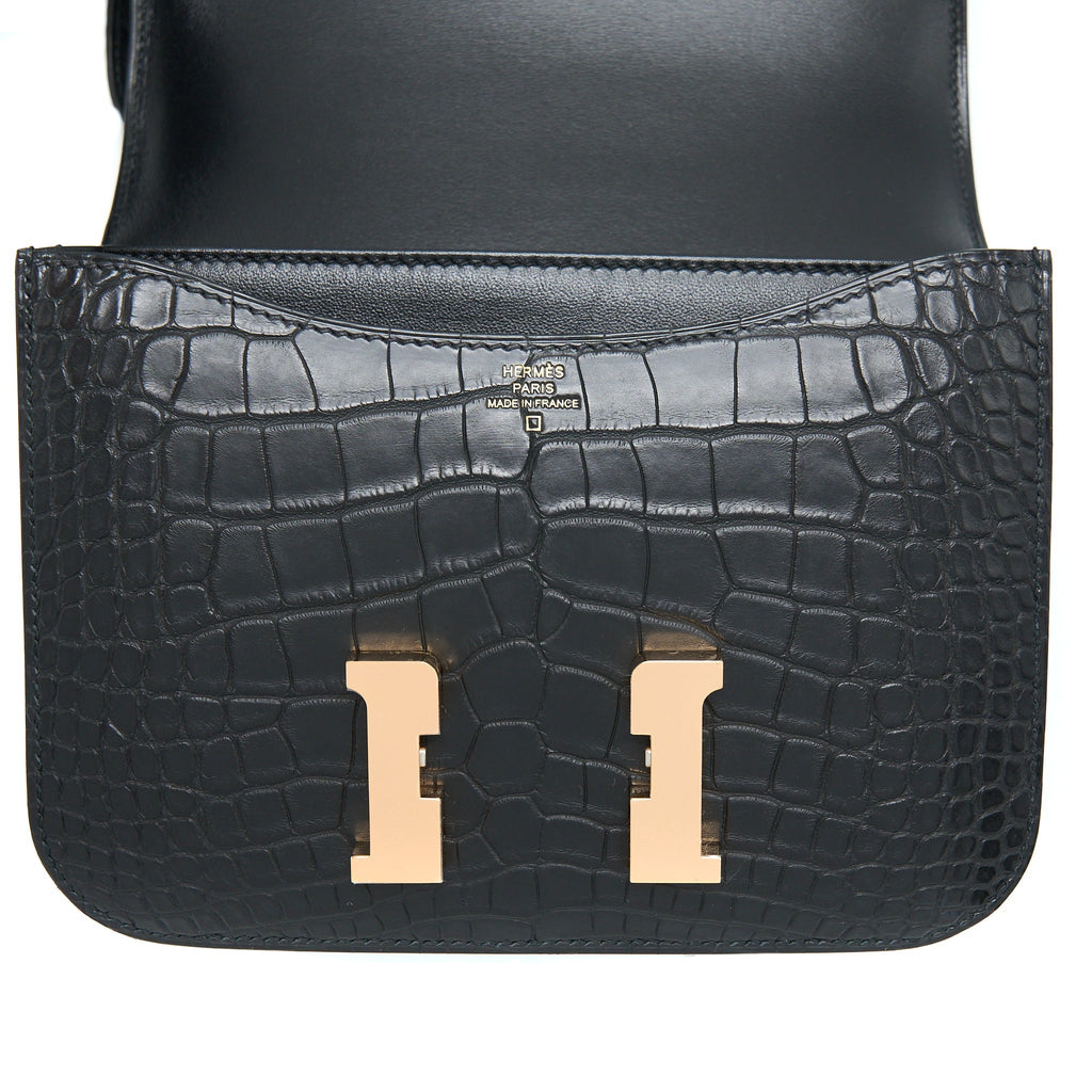 HERMES MINI CONSTANCE ALLIGATOR MISSISSIPPIENSIS MAT BLACK RGHW