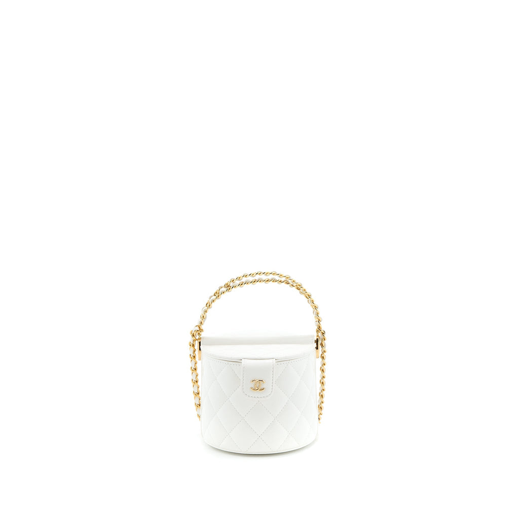 CHANEL TOP HANDLE ROUND VANITY WITH CHAIN LAMBSKIN WHITE GHW (MICROCHIP)