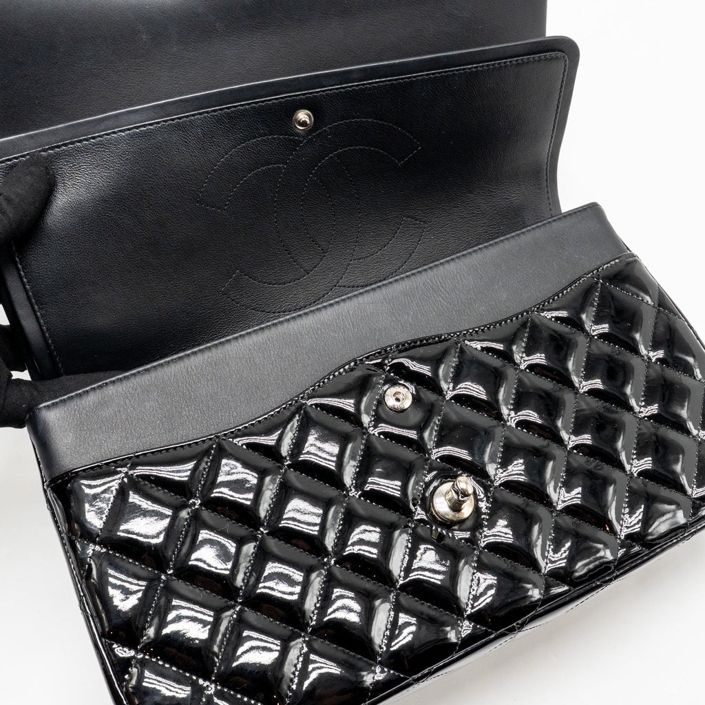 CHANEL JUMBO CLASSIC DOUBLE FLAP BAG PATENT BLACK SHW