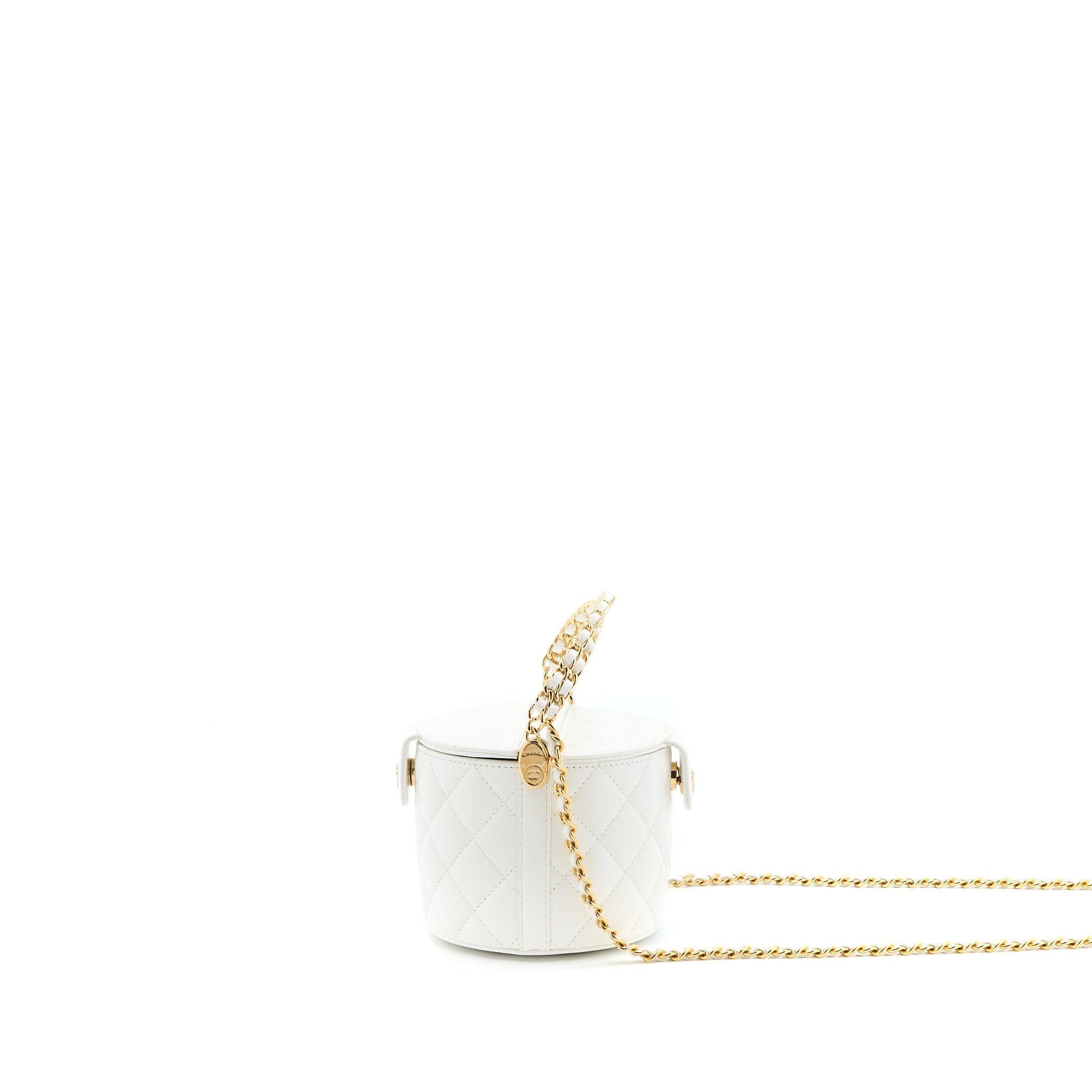CHANEL TOP HANDLE ROUND VANITY WITH CHAIN LAMBSKIN WHITE GHW (MICROCHIP)