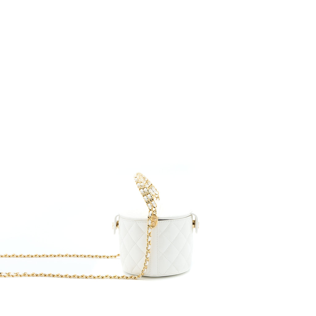 CHANEL TOP HANDLE ROUND VANITY WITH CHAIN LAMBSKIN WHITE GHW (MICROCHIP)