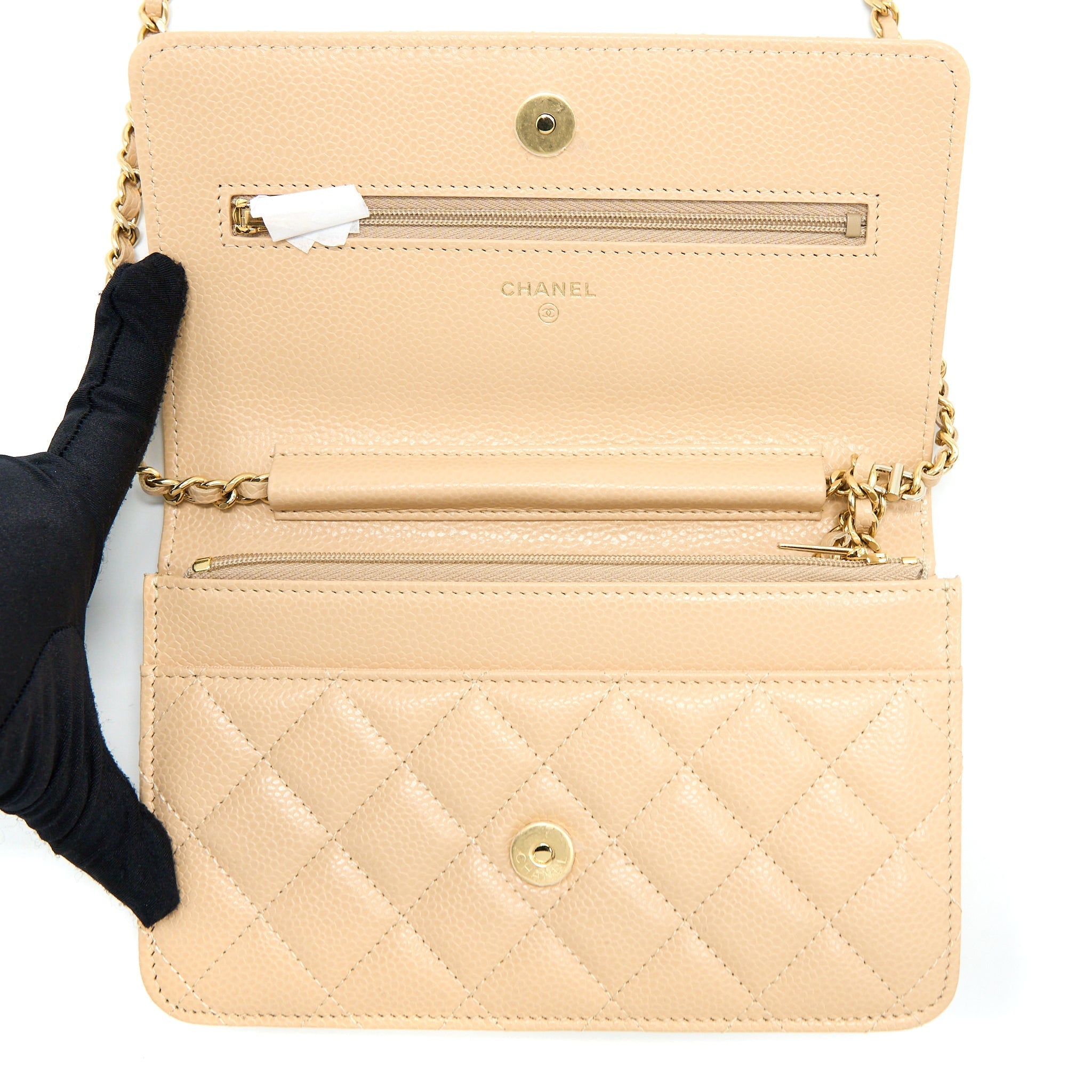 CHANEL CLASSIC WALLET ON CHAIN CAVIAR BEIGE GHW (MICROCHIP)