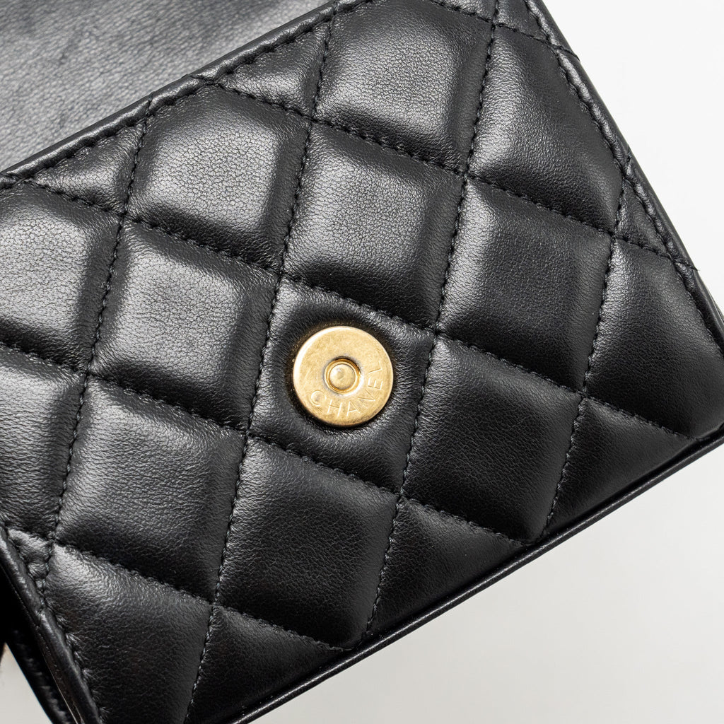 CHANEL TOP HANDLE MINI FLAP CLUTCH WITH CHAIN BLACK LAMBSKIN GHW (MICROCHIP)