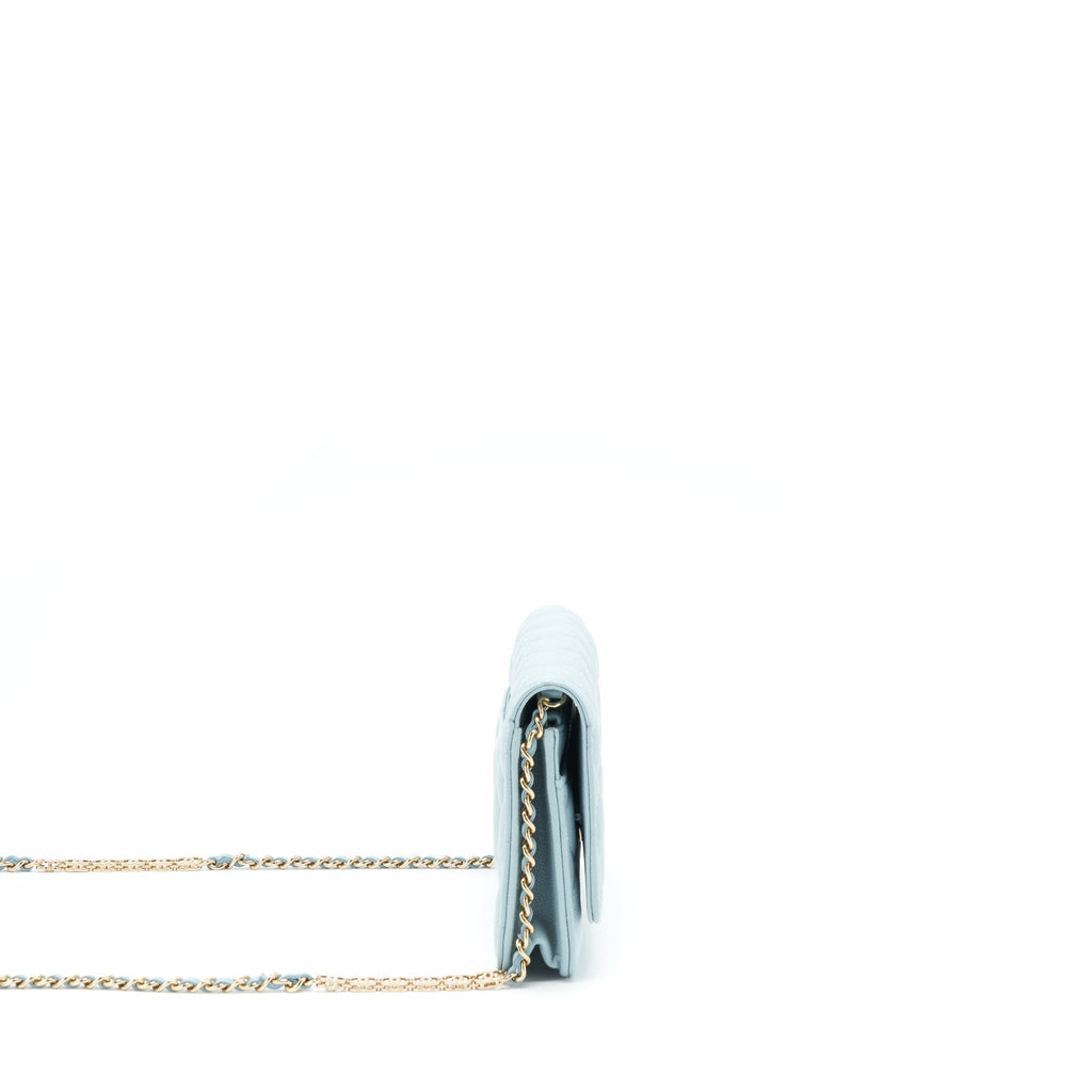 CHANEL 22P WALLET ON CHAIN WITH CC LOGO CHAIN CAVIAR LIGHT BLUE LGHW