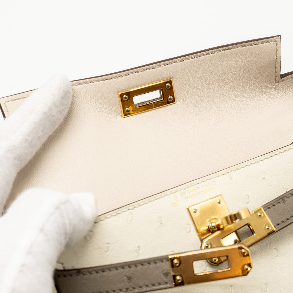 HERMES MINI KELLY II SPECIAL ORDER OSTRICH BETON / GRIS TOURTERELLE GHW
