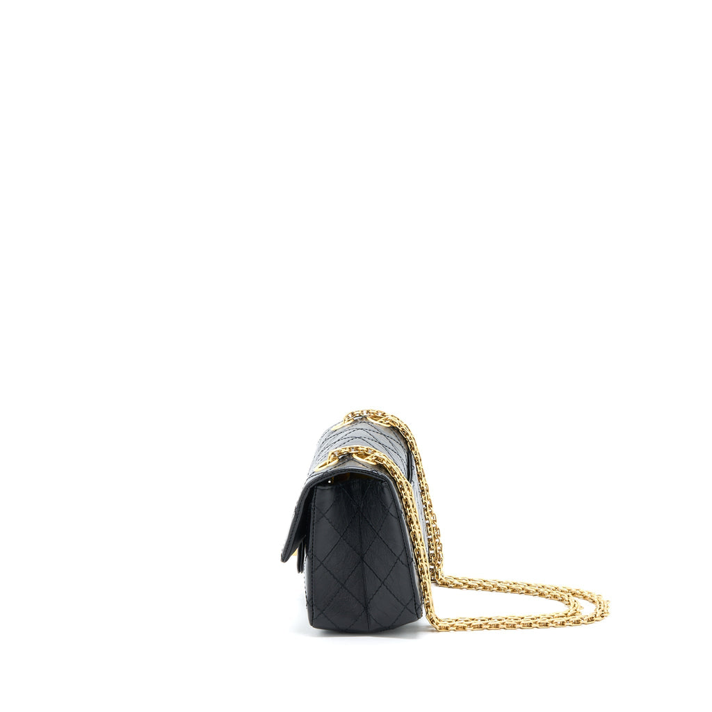 CHANEL MINI 2.55 REISSUE FLAP BAG AGED CALFSKIN BLACK BRUSHED GHW (MICROCHIP)