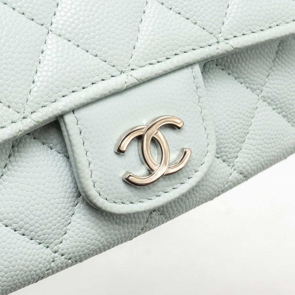 CHANEL SUNGLASSES CASE CLUTCH WITH CHAIN CAVIAR LIGHT BLUE SHW