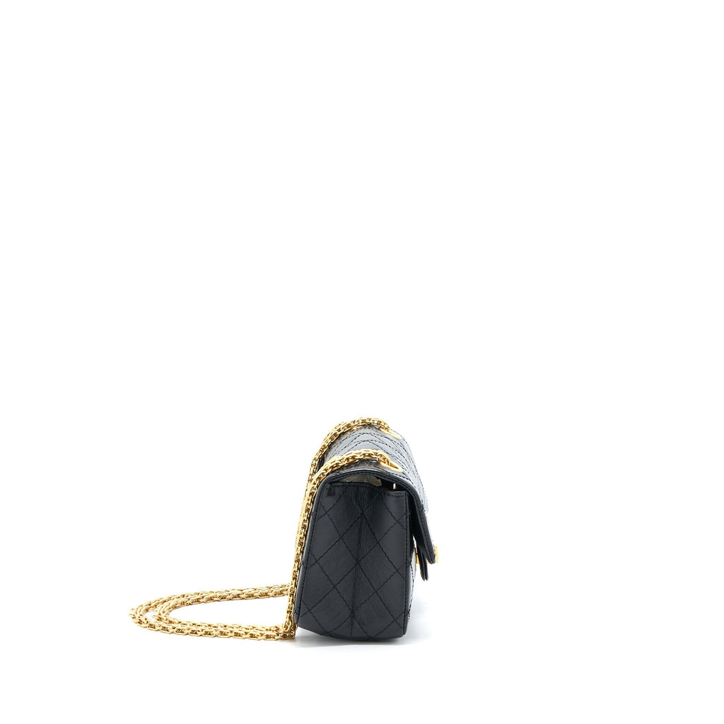 CHANEL MINI 2.55 REISSUE FLAP BAG AGED CALFSKIN BLACK BRUSHED GHW (MICROCHIP)