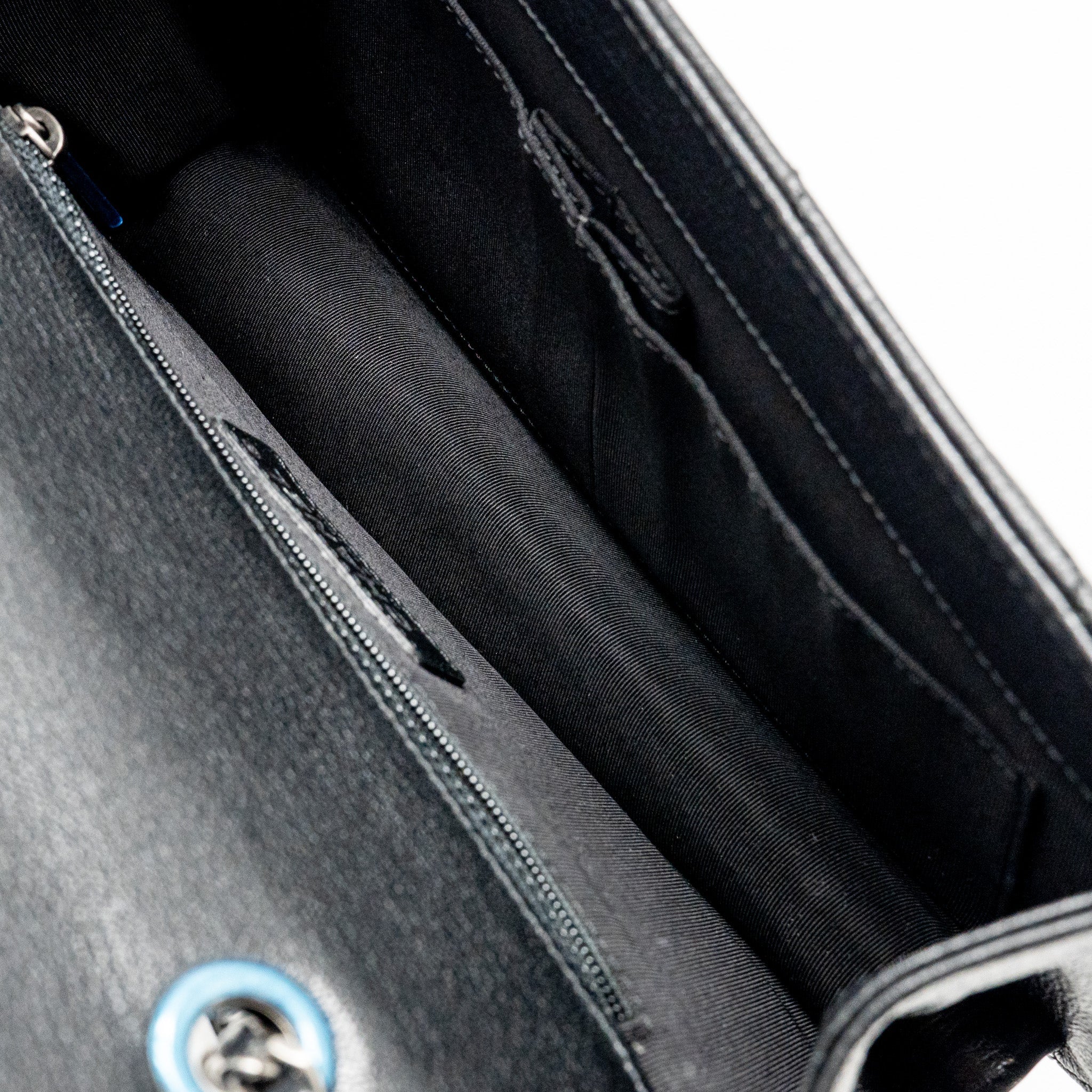 CHANEL ENVELOP METAL PLATE FLAP BAG CHEVRON CALFSKIN BLACK/NAVY RUTHENIUM SILVER HARDWARE