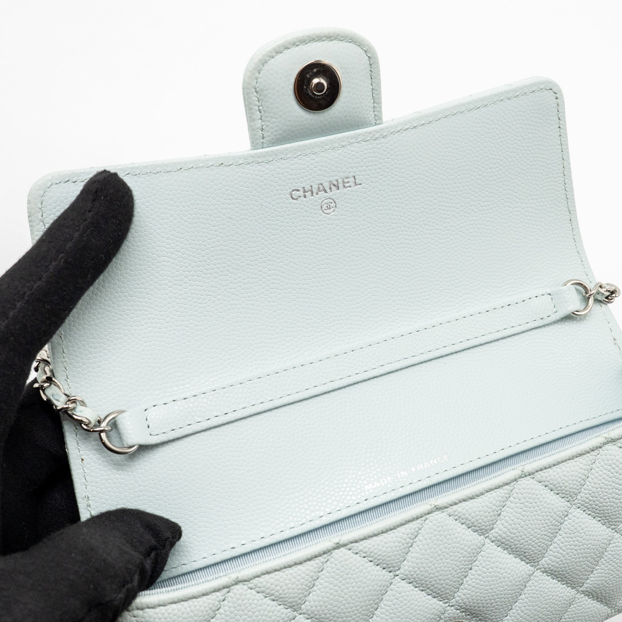 CHANEL SUNGLASSES CASE CLUTCH WITH CHAIN CAVIAR LIGHT BLUE SHW