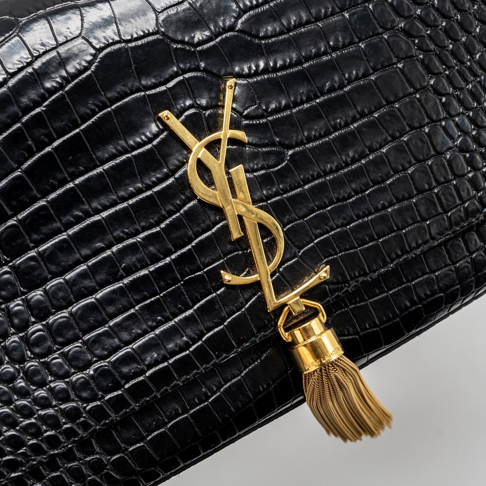 SAINT LAURENT KATE BAG TASSEL CROC-EMBOSSED BLACK GHW
