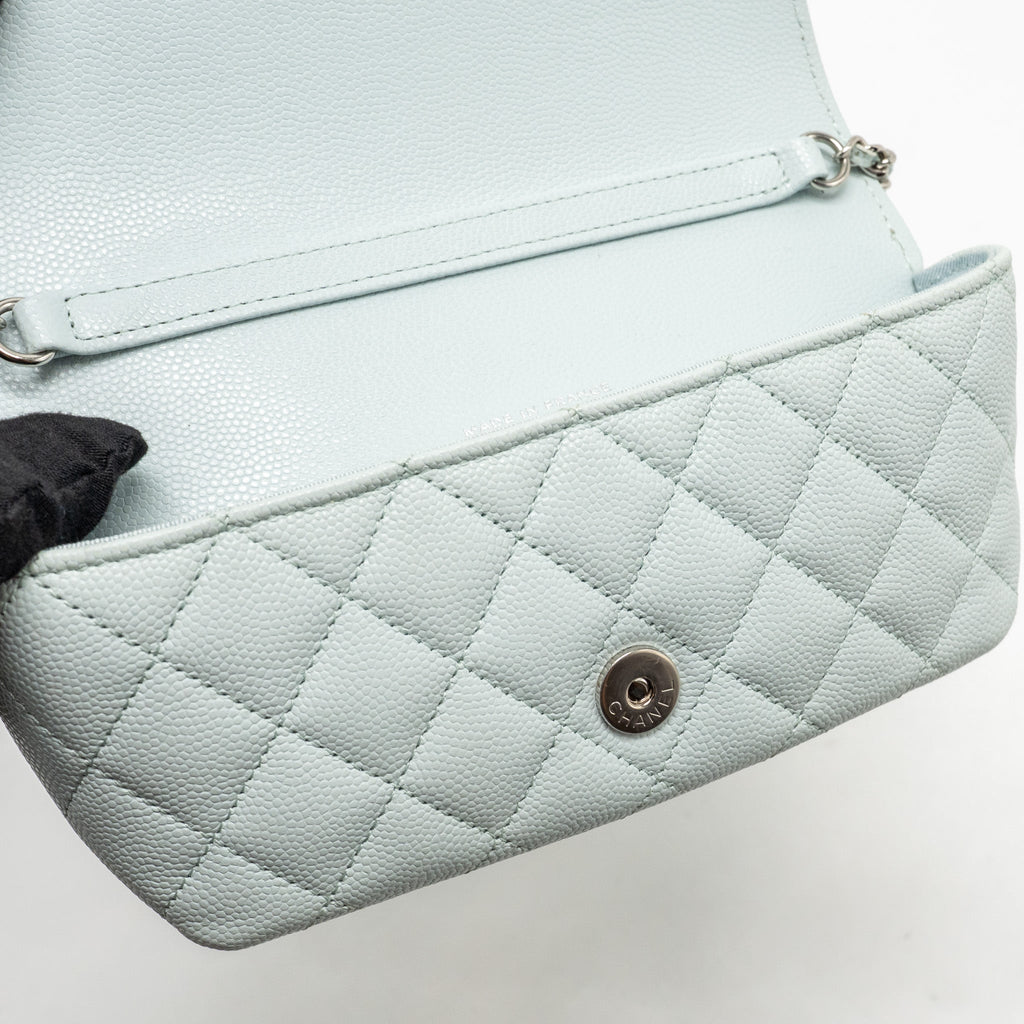 CHANEL SUNGLASSES CASE CLUTCH WITH CHAIN CAVIAR LIGHT BLUE SHW